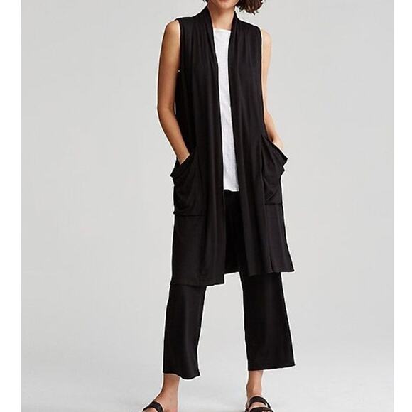 Eileen Fisher Sleeveless Lightweight Long Vest Blk Stretch Oversized Pockets XS - Picture 1 of 5